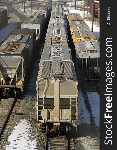 Several trains and railroad tracks leading into the horizon