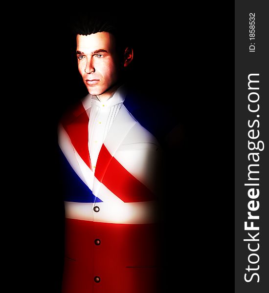 A man with the Union Jack flag on his clothing, its the flag of Great Britain. A man with the Union Jack flag on his clothing, its the flag of Great Britain