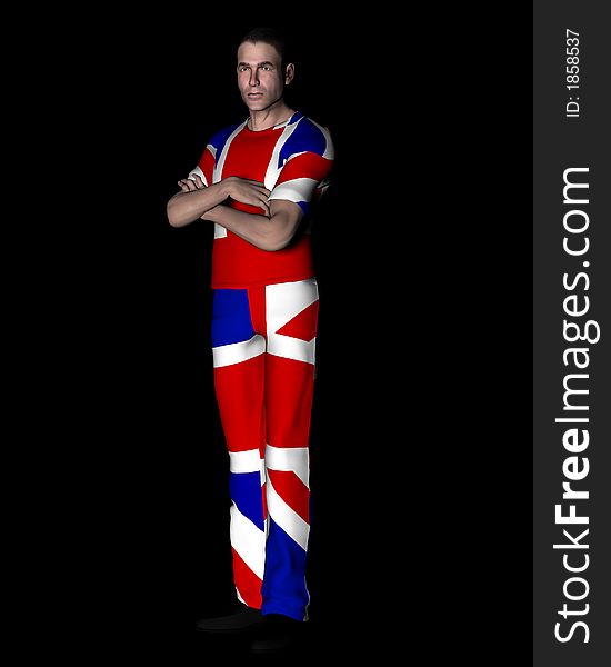 A man with the Union Jack flag on his clothing, its the flag of Great Britain. A man with the Union Jack flag on his clothing, its the flag of Great Britain.