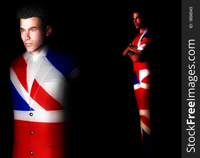 A pair of men with the Union Jack flag on his clothing, its the flag of Great Britain. A pair of men with the Union Jack flag on his clothing, its the flag of Great Britain.