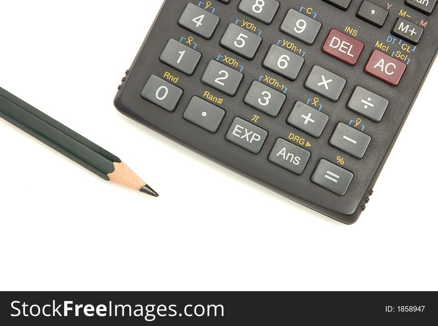 Calculator and green pencil isolated on white. Calculator and green pencil isolated on white