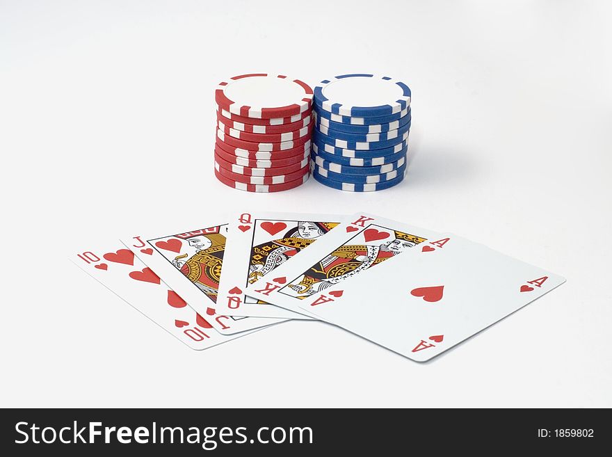 Royal flush and poker chips on a white background. Royal flush and poker chips on a white background