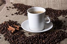Cup Of Coffee With Cinnamon And Coffee Grains Stock Images Cup Of Coffee With Cinnamon And Coffee Grains Stock Images
