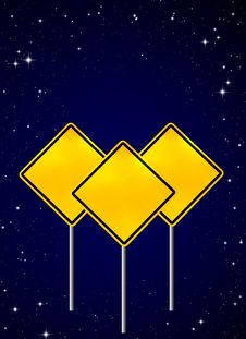 Blank Yellow Road Warning Sign On Night Sky Stock Photos Blank Yellow Road Warning Sign On Night Sky Stock Photos