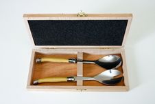 Set Of Salad Spoons In Wooden Case. Stock Images