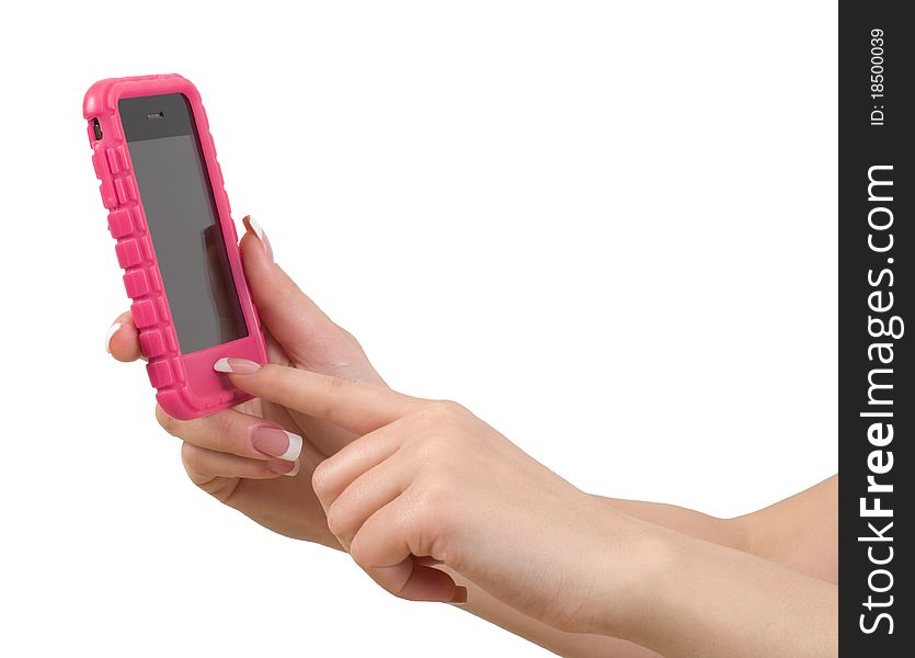 Cellphone in female hand.