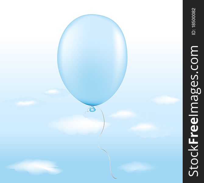 Blue Balloon In Blue Sky With Clouds, Vector Illustration