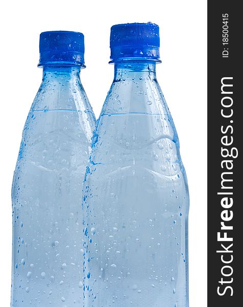 Two blue bottles isolated on white background
