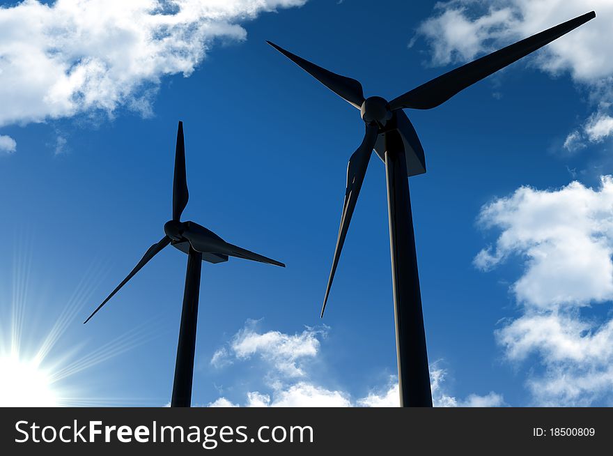 Wind Turbines On Blue Sky