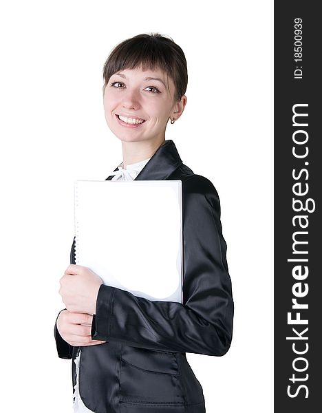 Smiling girl with a notebook on a white background