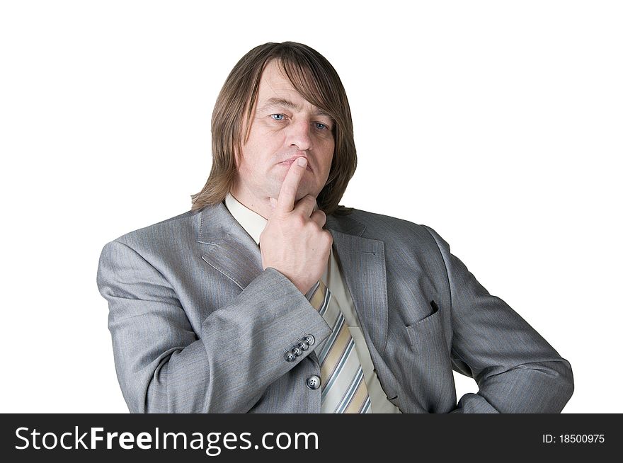Man in a suit thinking on a white background. Man in a suit thinking on a white background