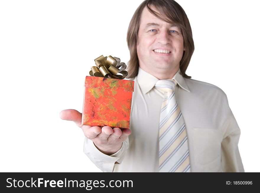 A man giving a gift on a white background. A man giving a gift on a white background