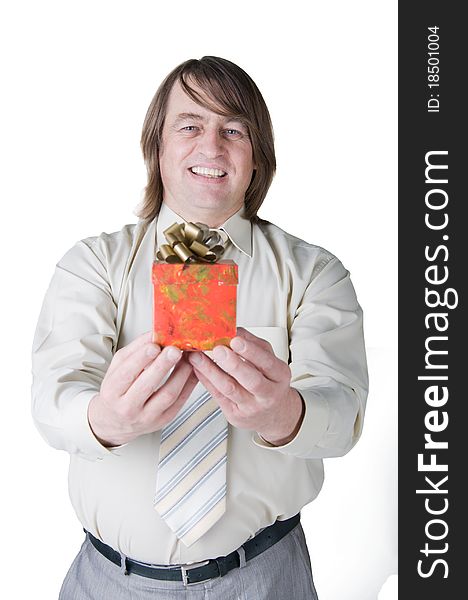 A man giving a gift on a white background. A man giving a gift on a white background