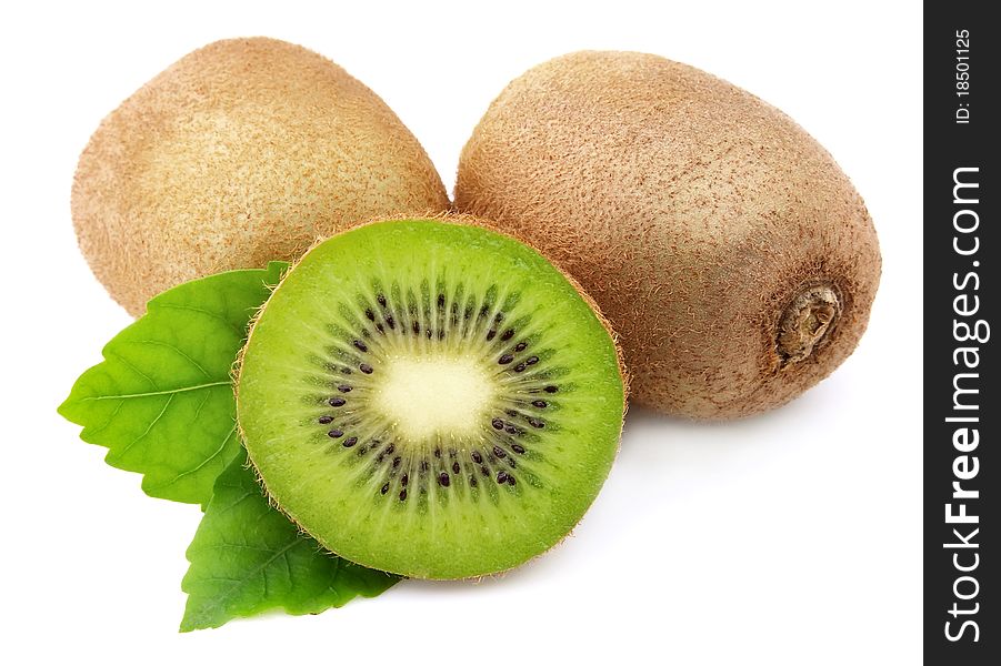 Sweet kiwi with leaves on a white background