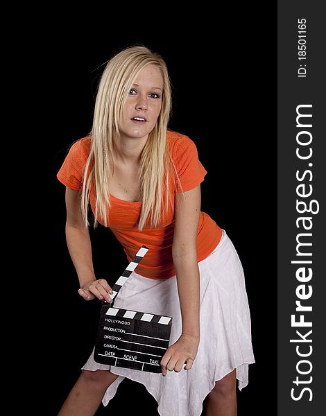 Woman In Orange With Movie Scene