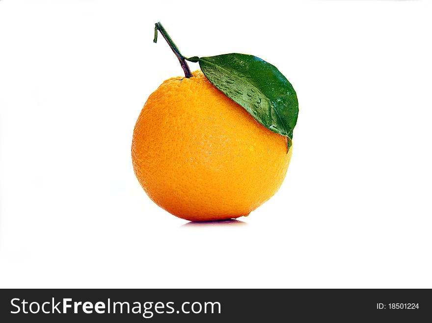 Ripe orange with leaves on white background. Ripe orange with leaves on white background