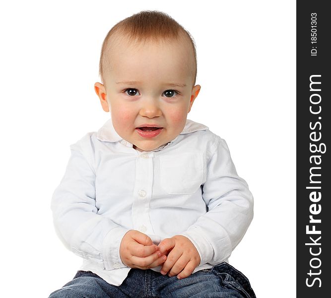 Beautiful baby boy posing isolated on white background. Studio work.