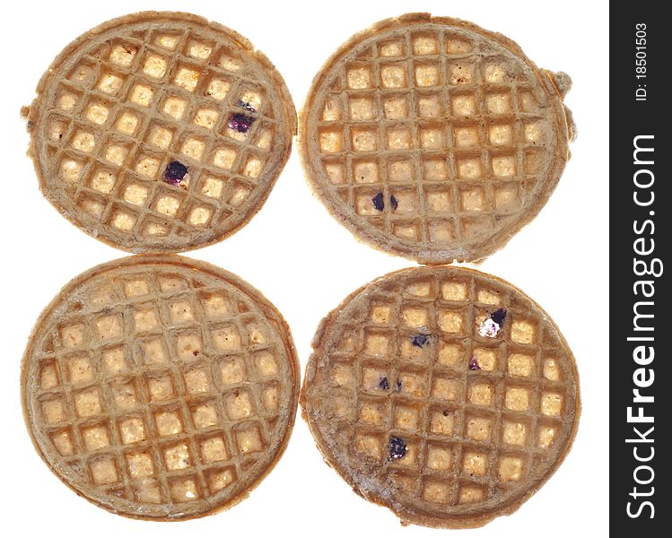 Set of Four Frozen Blueberry Waffles Isolated on White with a Clipping Path.