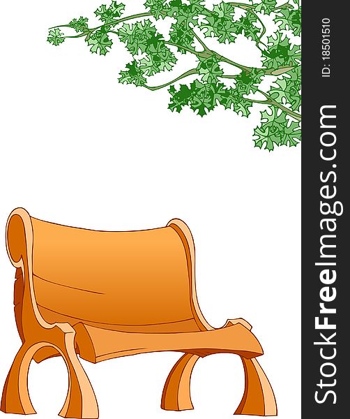 The illustration shows a yellow wooden bench.A tree branch leaning over the bench.Illustration on a white background.Additionally, a vector EPS format