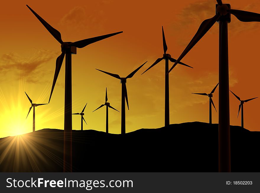 Wind turbines farm (power generating windmills)