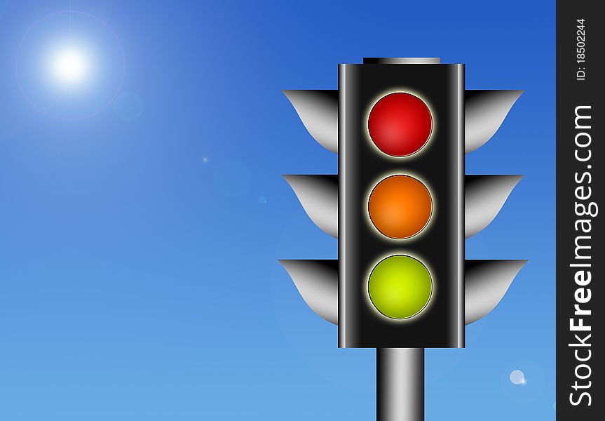 Traffic light semaphore over sky background.Illustration