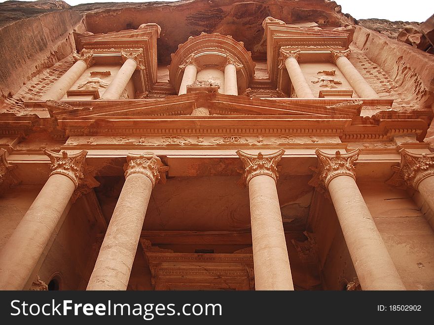 View from below of the Treasury, the most famous building in Petra, Jordan. View from below of the Treasury, the most famous building in Petra, Jordan