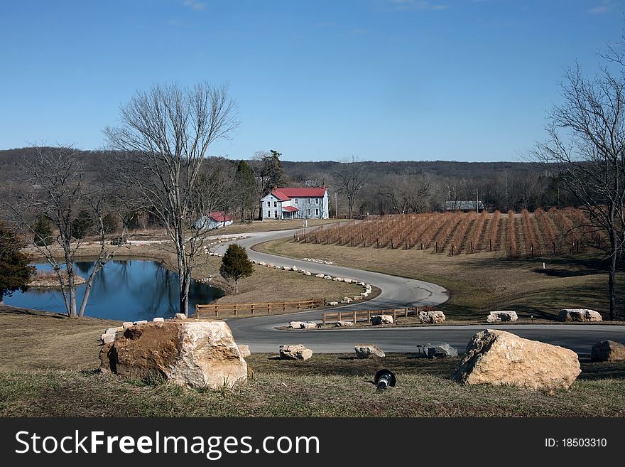 Missouri vinyard with rocks and lake