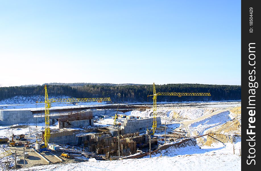 Construction of hydropower in the winter, the top view. Construction of hydropower in the winter, the top view