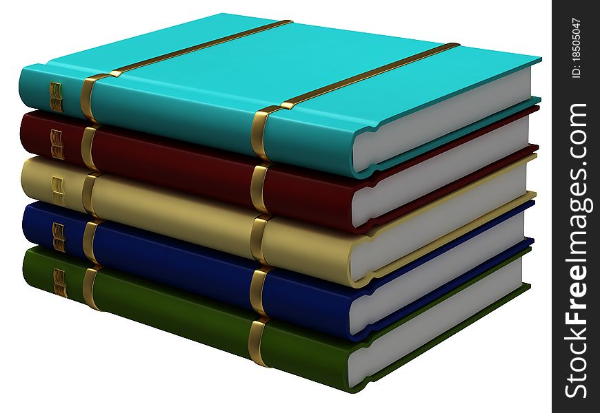 A stack of five colorful books with gold trim. A stack of five colorful books with gold trim