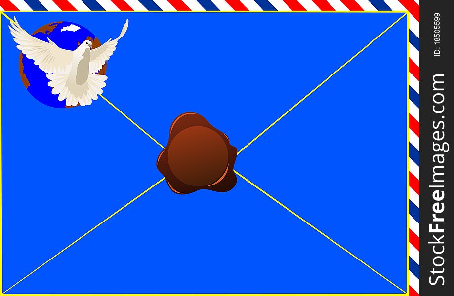 Envelope with a letter sealed wax seal and a picture of a flying dove on the background of the Earth. Envelope with a letter sealed wax seal and a picture of a flying dove on the background of the Earth