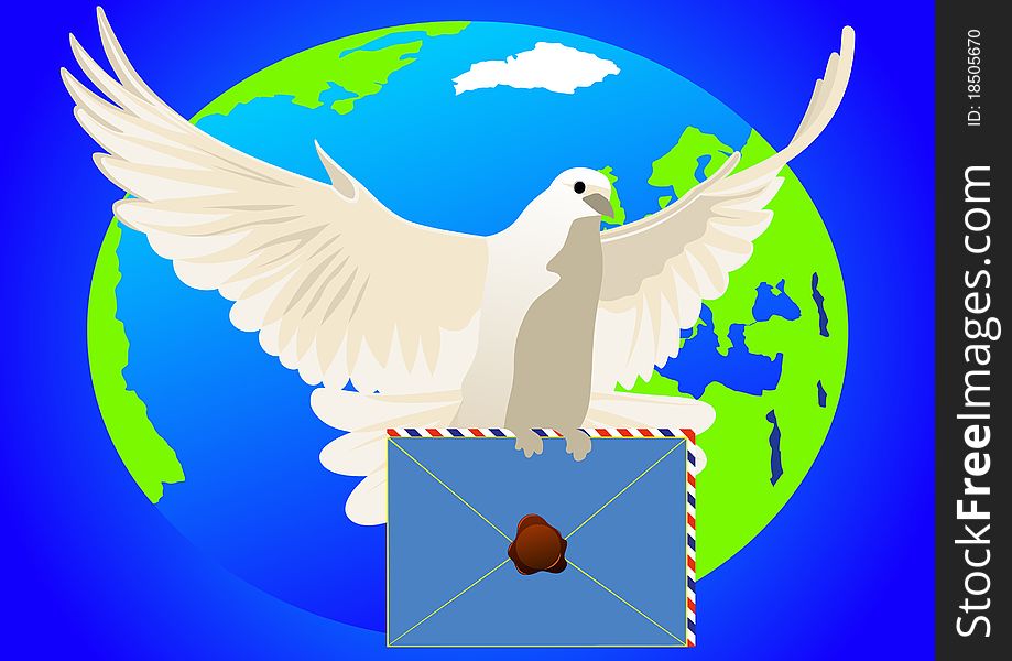 White dove with a sealed letter on the background of the Earth. White dove with a sealed letter on the background of the Earth