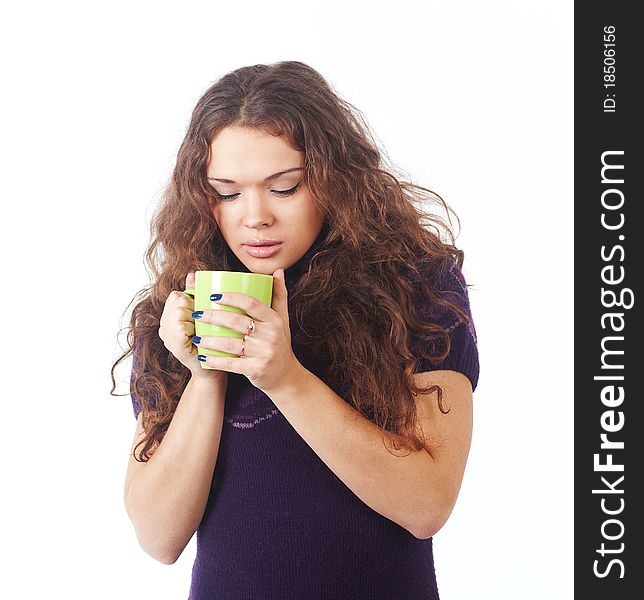 Young Beautiful Woman With A Green Cup