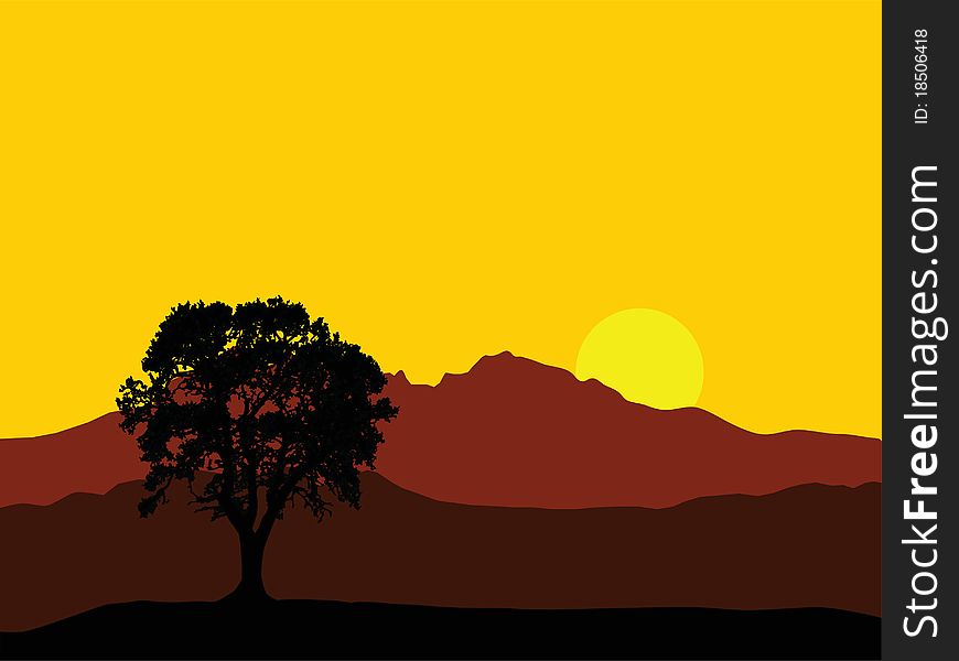 Golden sunrise over high mountain peaks and tree silhouette. Golden sunrise over high mountain peaks and tree silhouette