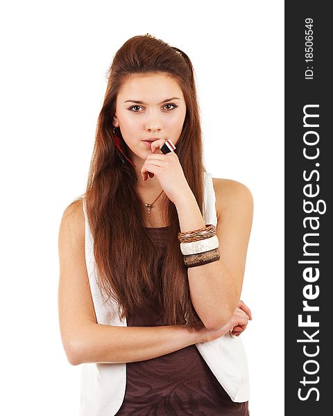 Young woman with ring on white background