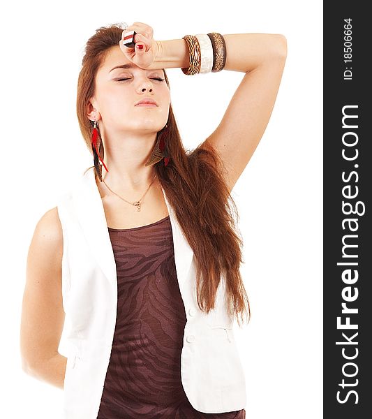 Young woman and headache on white background