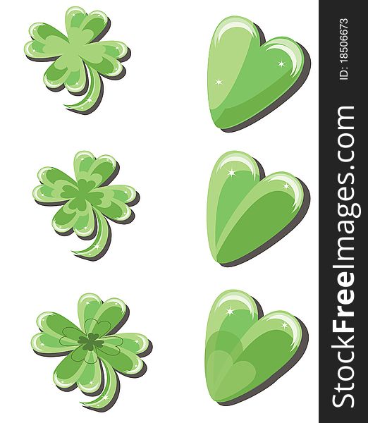 Clovers and hearts,elements of decor, isolated