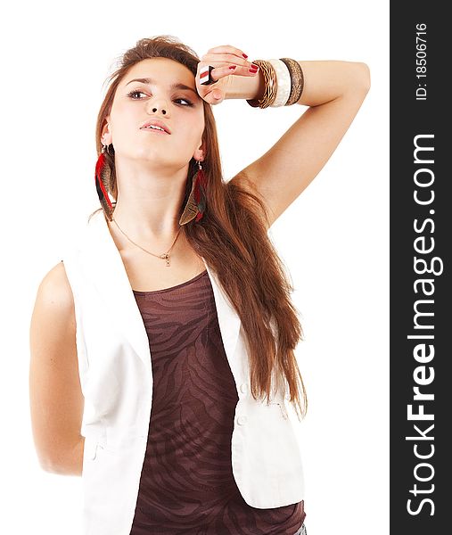 Young woman and headache on white background