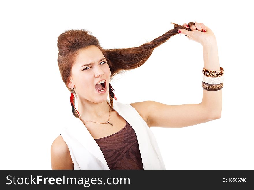 Young woman near nervous breakdown on white background. Young woman near nervous breakdown on white background