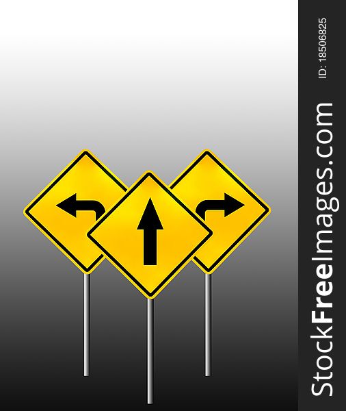 Signs straight, turn left, turn right isolated