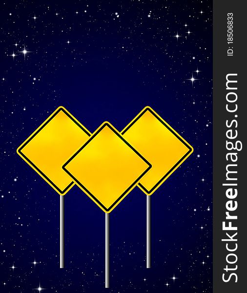 Blank yellow road warning sign on night sky (with clipping path)