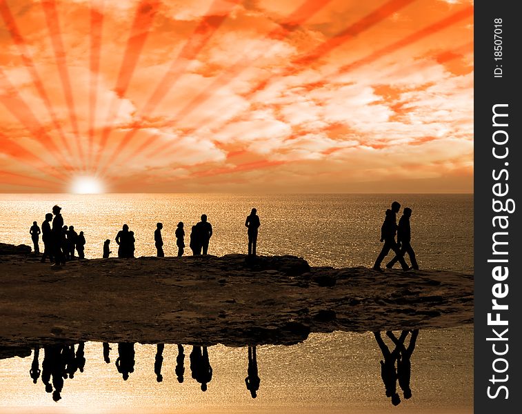 Silhouette of crowd of people on the edge of a cliff in ireland with reflection. Silhouette of crowd of people on the edge of a cliff in ireland with reflection