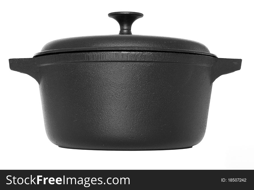 Cast-iron cauldron with cover without shadow isolated on white b