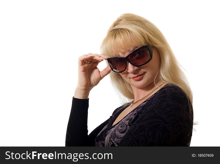 Attractive woman wearing sunglasses isolated on white background