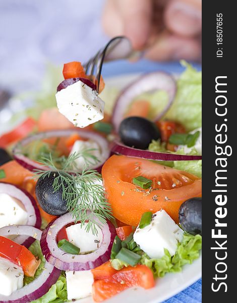 Appetize Greek Salad with human hand hold fork. Appetize Greek Salad with human hand hold fork