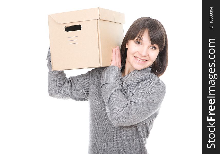 Young adult brunette woman holding cardboard box. over white background. Young adult brunette woman holding cardboard box. over white background