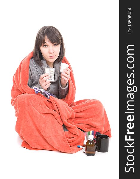 Young adult sick woman. over white background