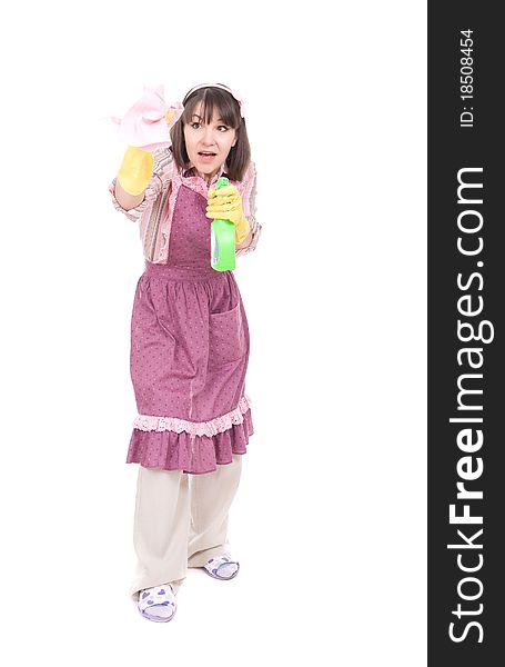 Young adult woman doing housework. over white background