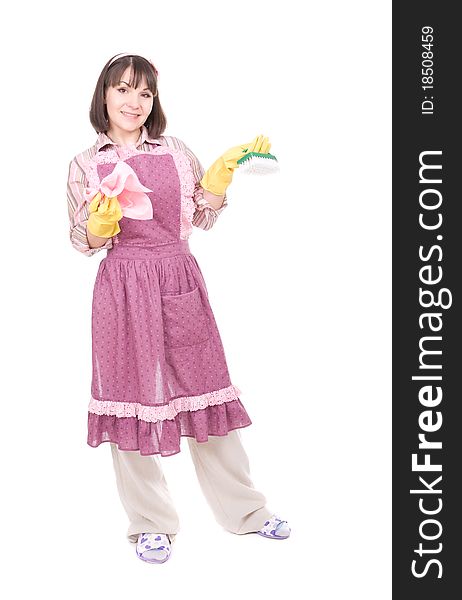 Young adult woman doing housework. over white background