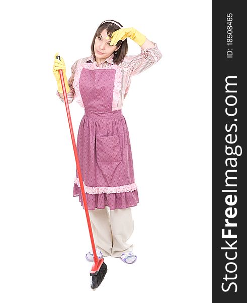 Young adult woman doing housework. over white background