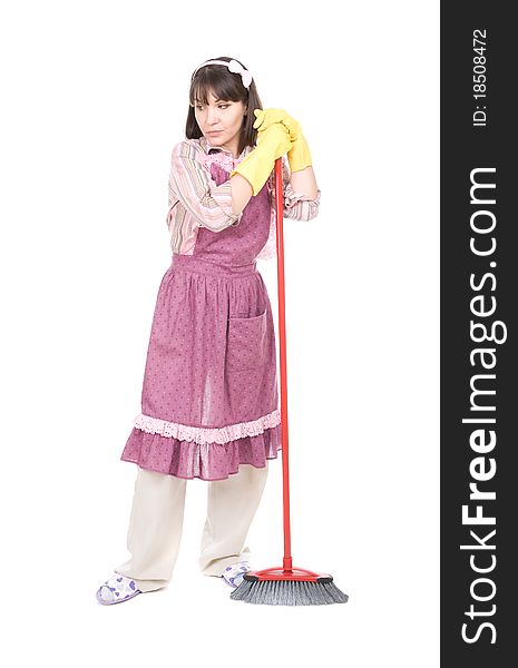 Young adult woman doing housework. over white background